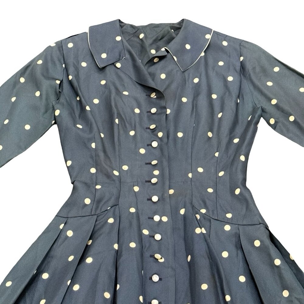 Vintage 1940s 1950s Polka Dot Full Skirt Dress Blue Button Front - Picture 4 of 11